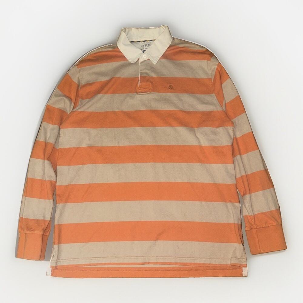 Vintage IZOD Rugby Shirt Mens XL Orange Tan Striped Preppy Heavy Streetwear Y2K